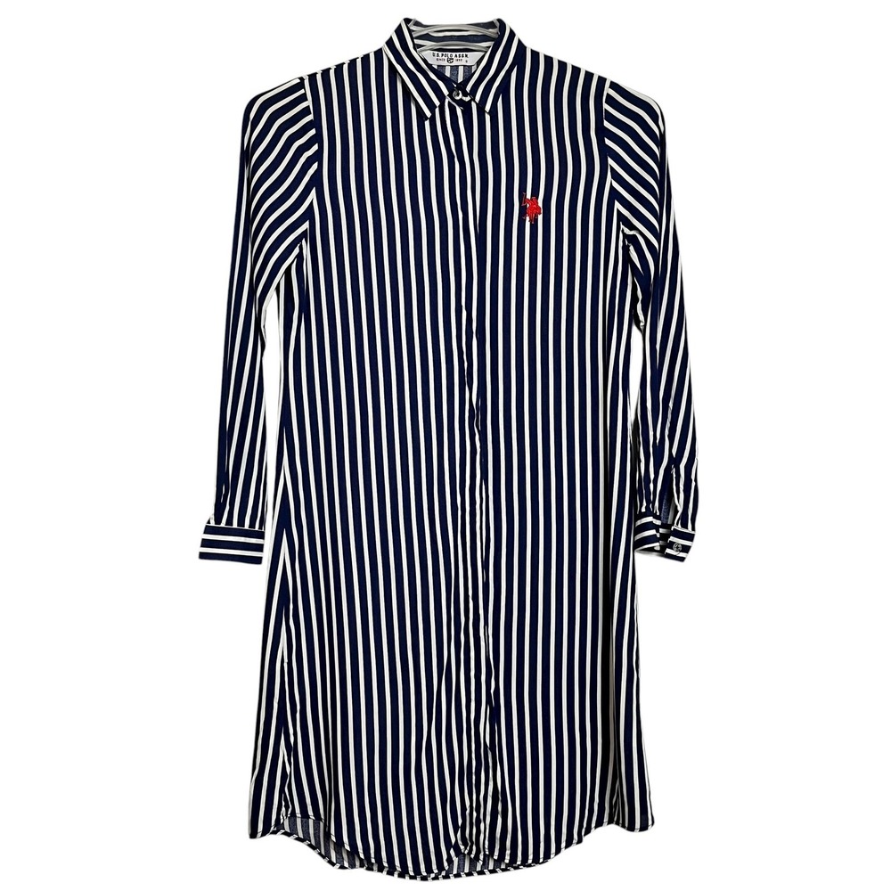 US Polo Assn Navy White Stripe Shirt Dress‎ Red Pony Logo Long Sleeve Size S